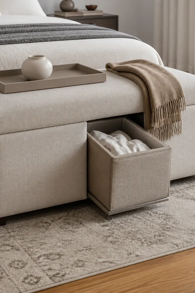 Small bench with fabric top and hidden hamper underneath near the bed
