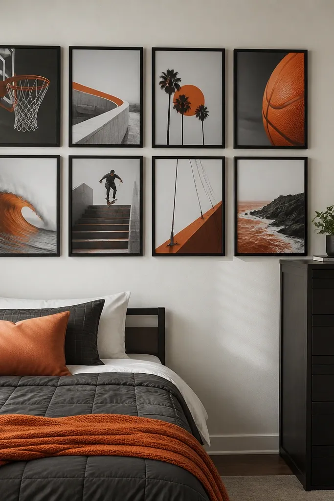 Grid gallery wall with matching frames and a single accent color in prints