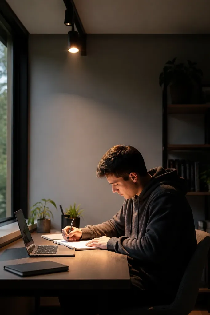 Matte black track light aiming at a desk area with clean cables