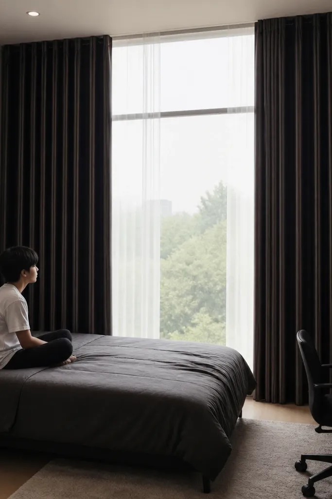 Ceiling-to-floor vertical stripe curtains in dark gray and black