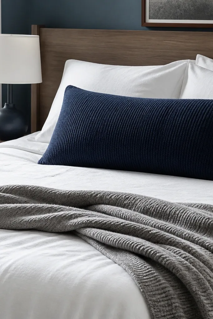 Gray bed with a ribbed knit throw and one oversized lumbar pillow