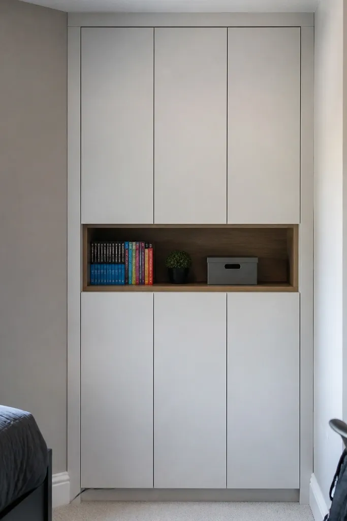 Tall narrow bookcase with closed doors and one open shelf