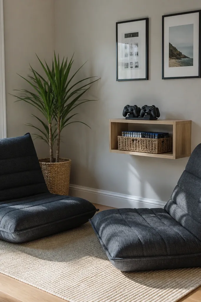 Floor seating with a slim rug and wall shelf storage in a small corner