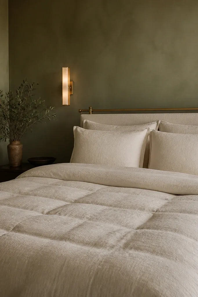 Warm sage matte bedroom walls with a cream linen duvet and a tall fabric headboard