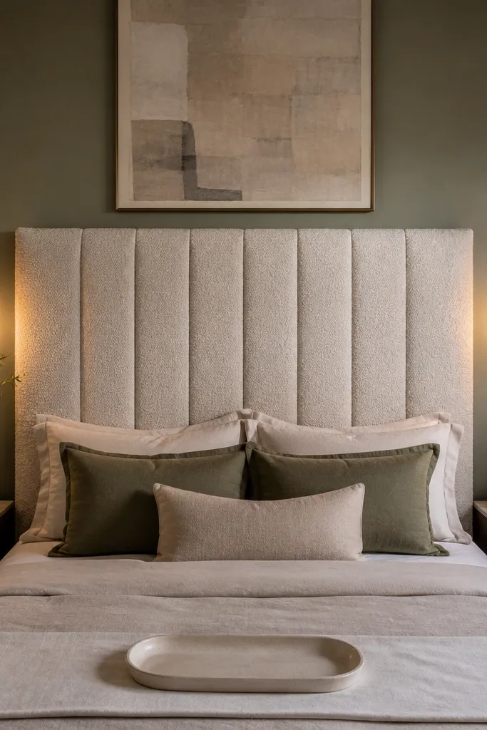 Oat boucle upholstered headboard with soft sage walls and bronze wall sconces