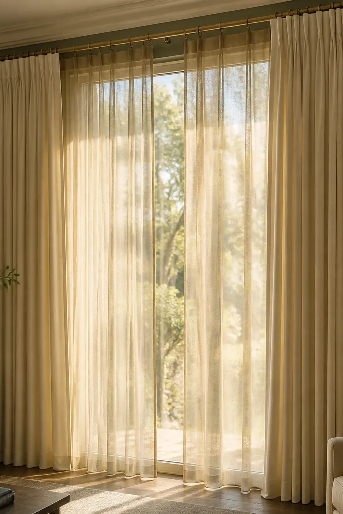 Sage tinted sheer curtains layered with heavier floor-to-ceiling drapes