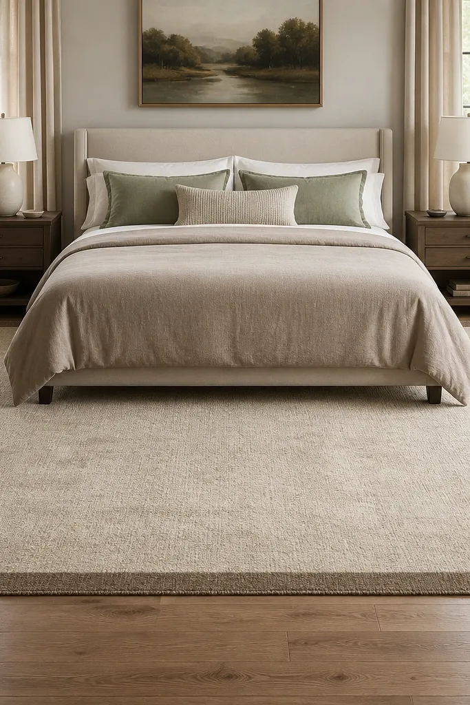 Large cream rug with a warm taupe border under a sage green bed