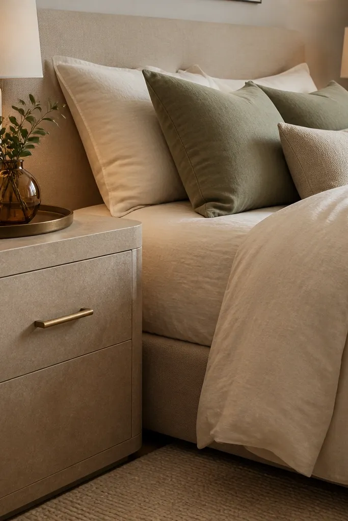 Sandstone-toned nightstands with hidden drawers and champagne-colored pulls