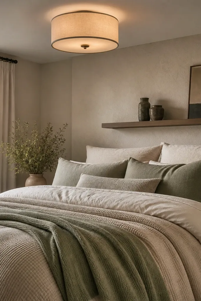 Warm taupe bedding with sage accent pillows against soft sage wall