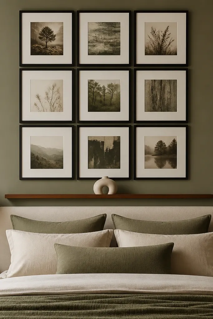 Soft sage wall with walnut shelves and slim black picture frames above a bed