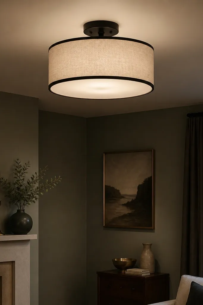 Matte black flush ceiling light with a linen shade in a sage green bedroom