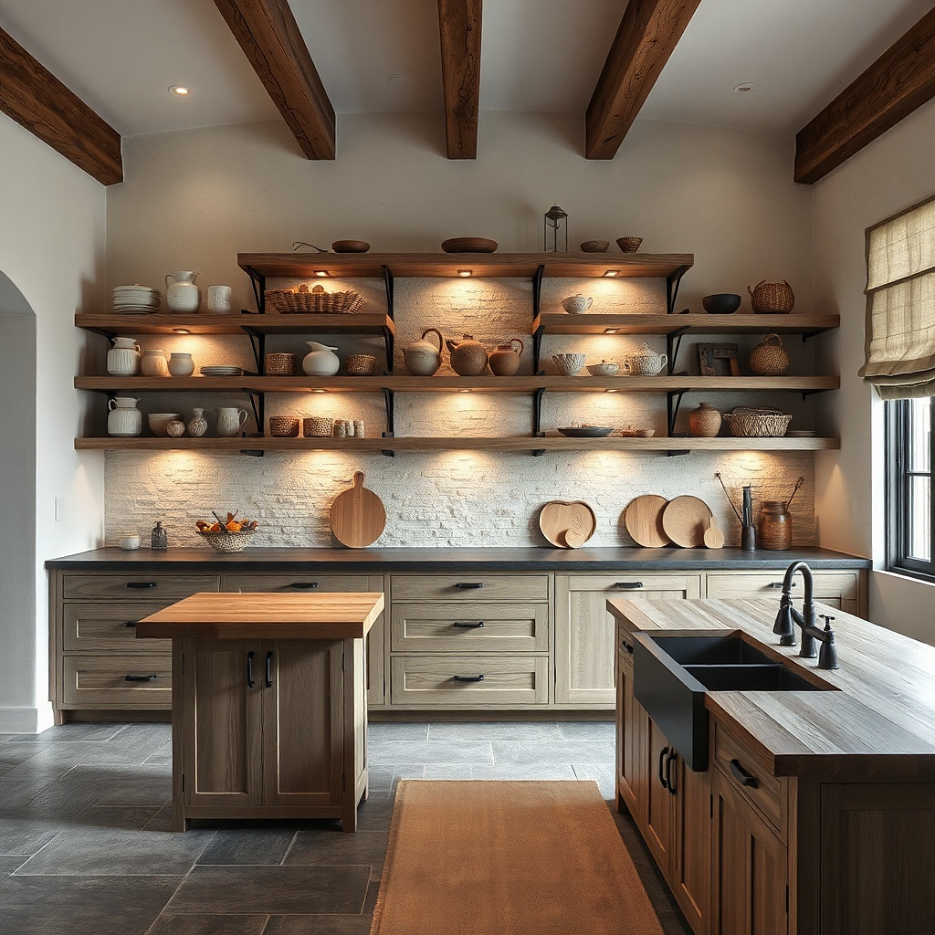 Floating wood shelf with warm under-shelf lights and ceramic canisters