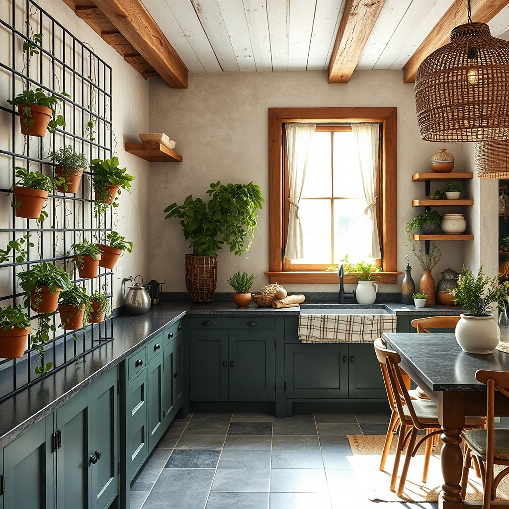 Black iron grid with hanging herb planters and warm mini string lights