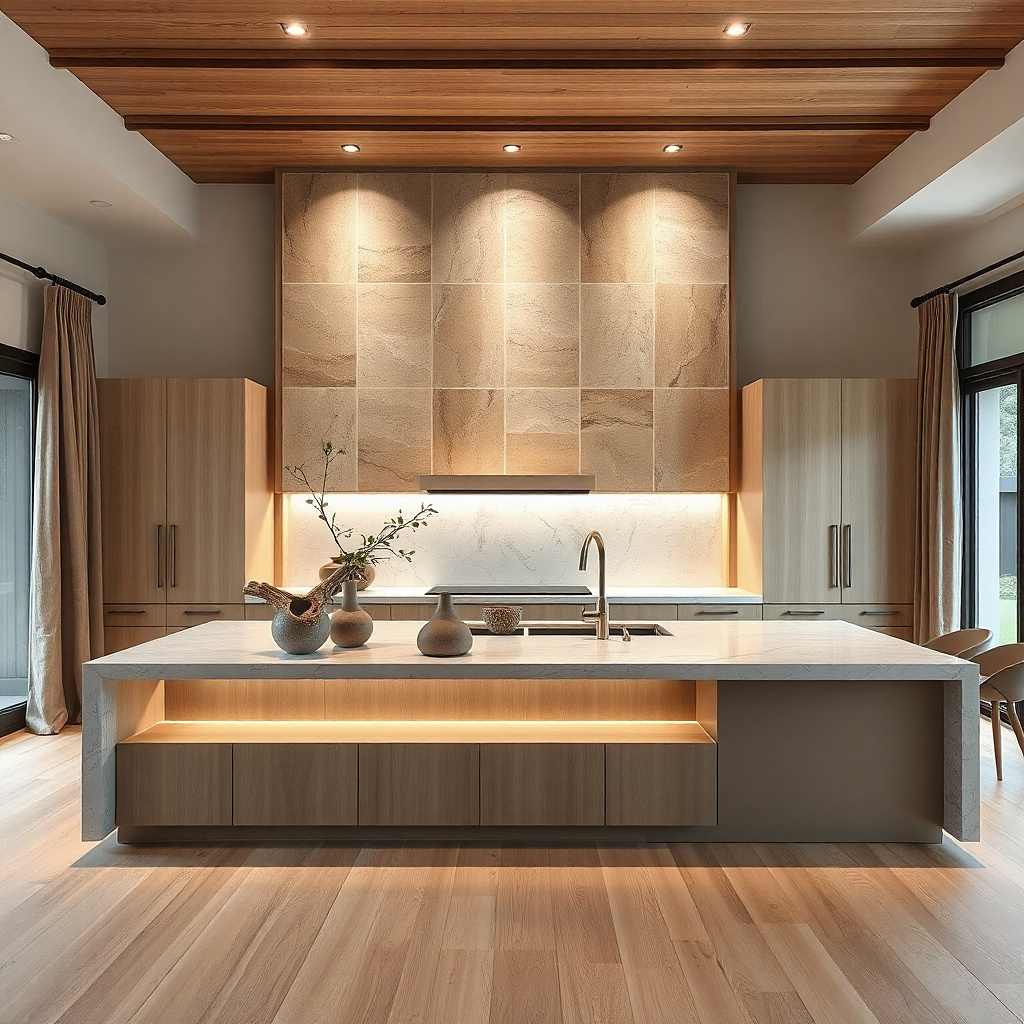Small stoneware tile panel with warm edge lighting around it