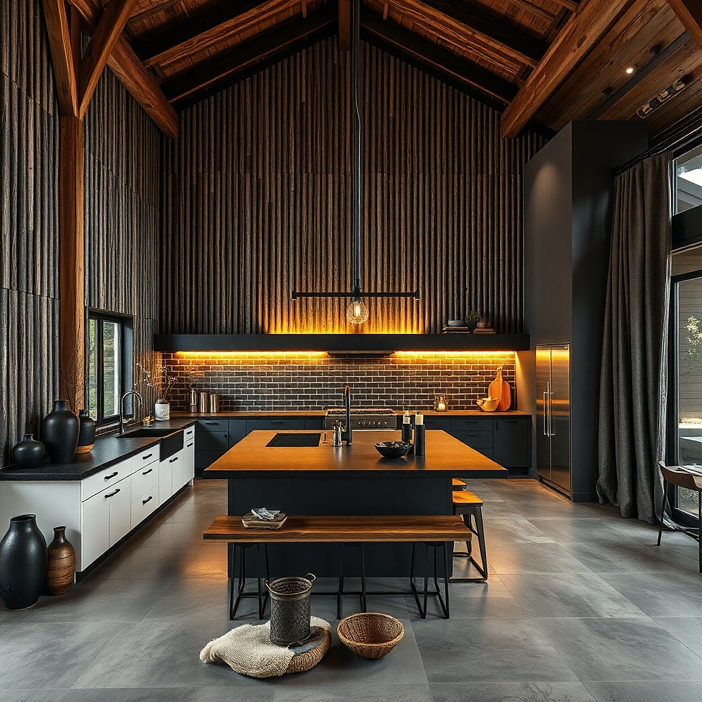 Corrugated metal wall panel with warm tube lights running behind it