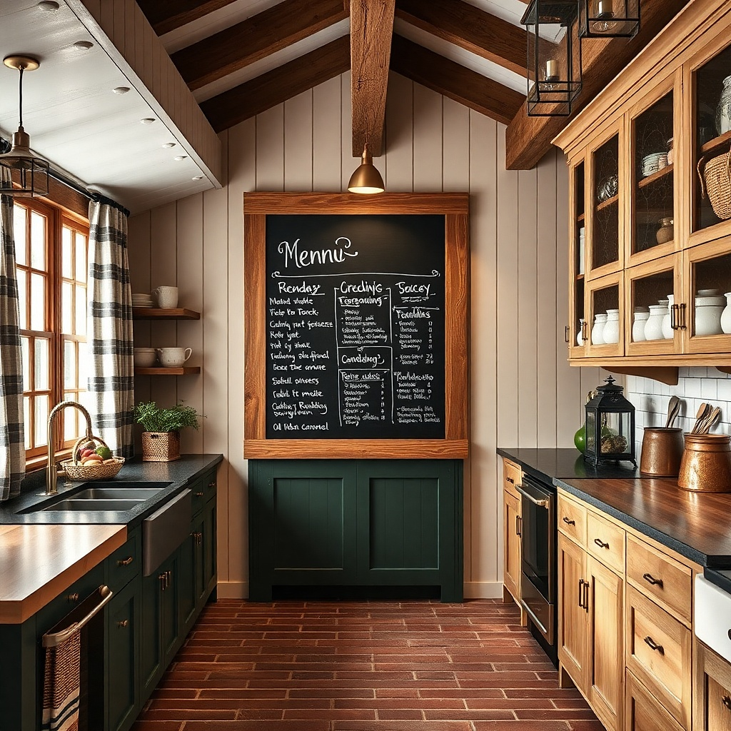 Rustic chalkboard menu with warm LED sconce above it