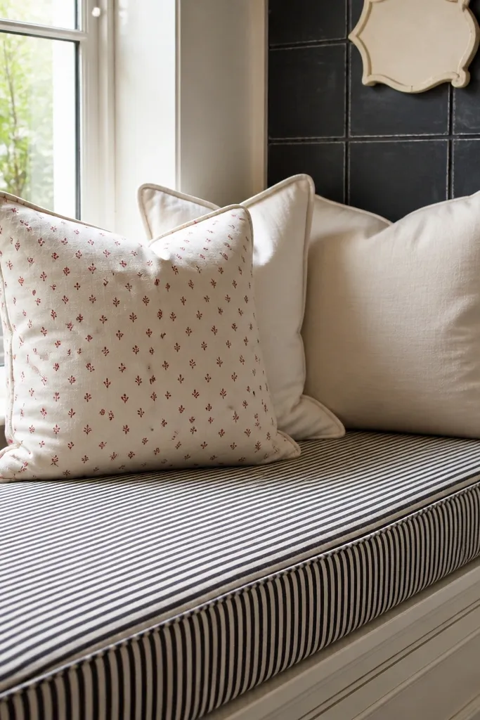 Black-and-cream striped cushion on a light bench with small white porcelain and a red accent pillow