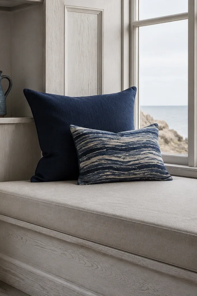 Sand linen cushions with navy accents and a small basket with blue stoneware near a bright window
