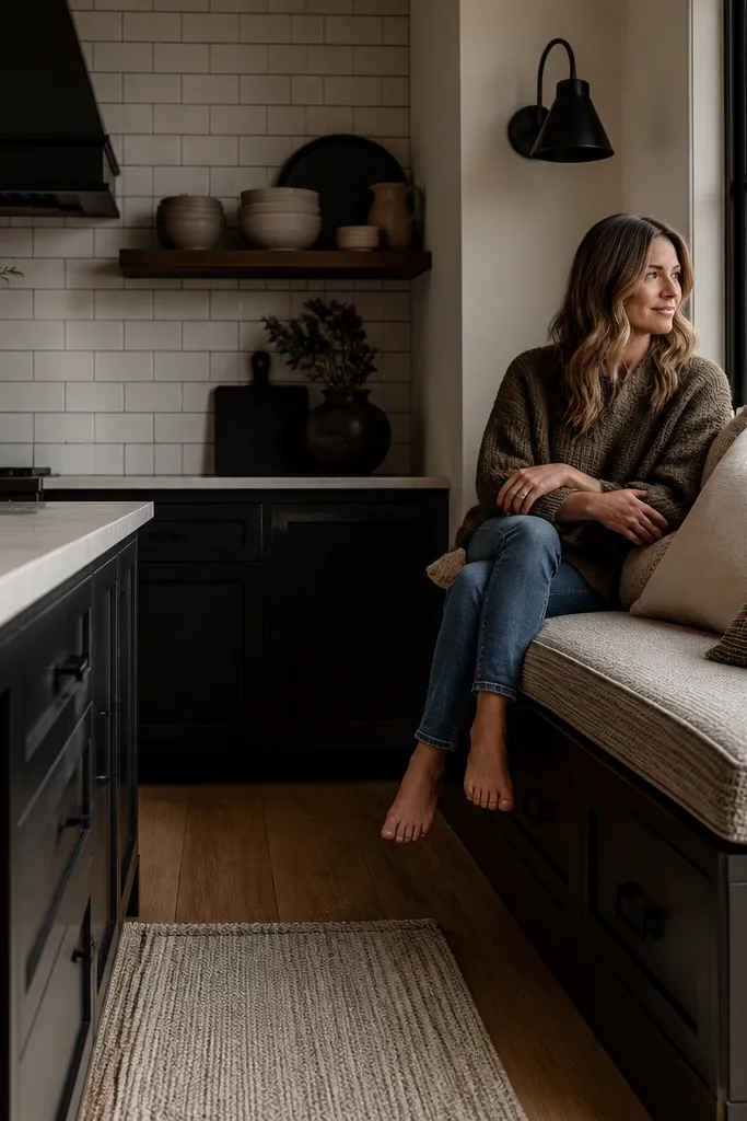 Charcoal painted bench with neutral woven pillows and a simple wooden tray by the kitchen window