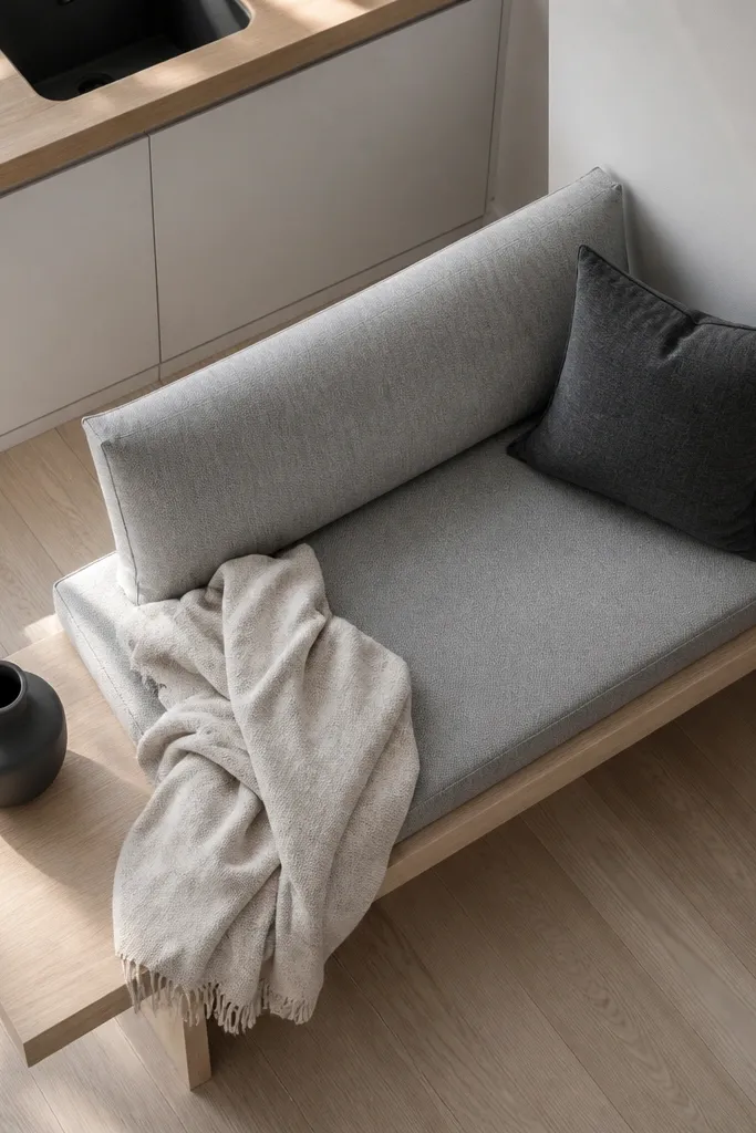 Light oak window seat with monochrome gray cushions and two simple knit pillows
