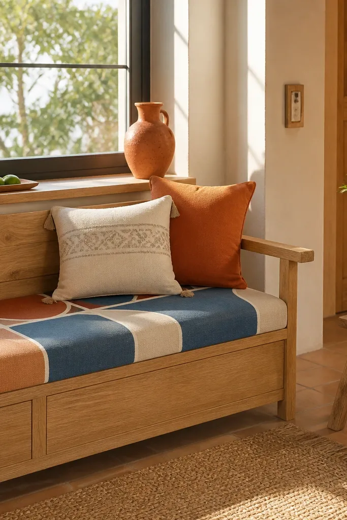 Terracotta and cobalt color-block cushions with a small tiled tray near a window seat