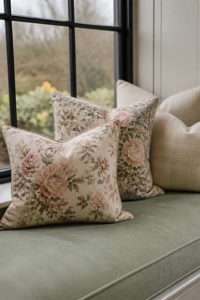 Sage green seat cushion with floral linen pillows and a small watering-can decor piece