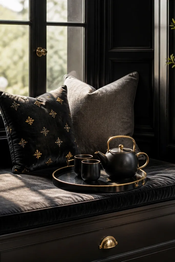 Black velvet-inspired cushions with brass tray and warm gold accents beside a kitchen window