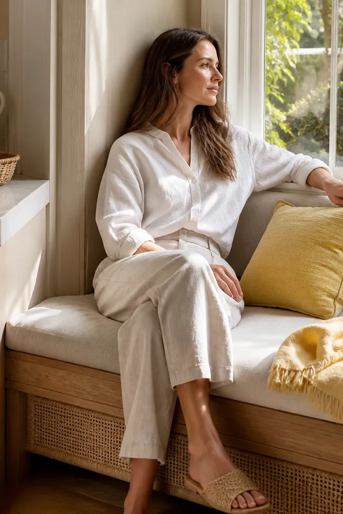 Natural woven-look cushions with lemon-yellow accents and a small rattan basket by the window