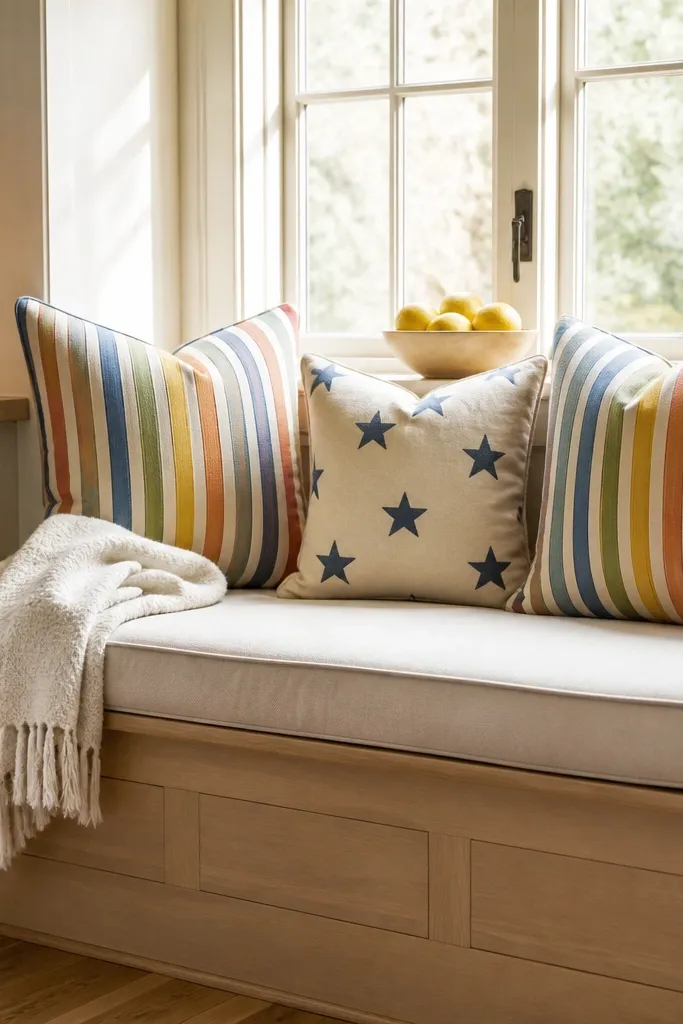 Neutral bench with rainbow striped pillows and one star-pattern cushion by a kitchen window