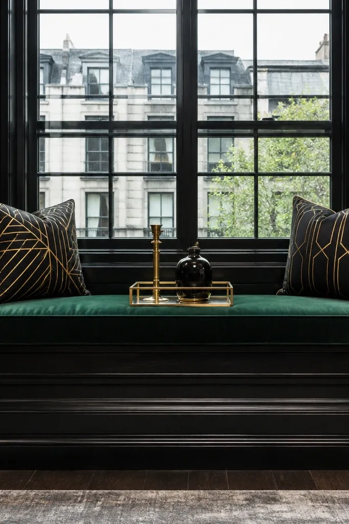 Emerald green cushioned bench with geometric pillows in black and gold beside a kitchen window