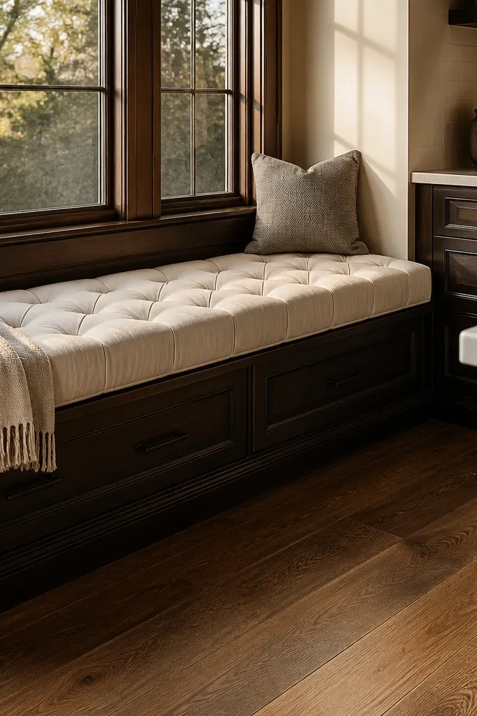 Cream tufted cushion on dark wood bench with a simple linen throw and minimal decor