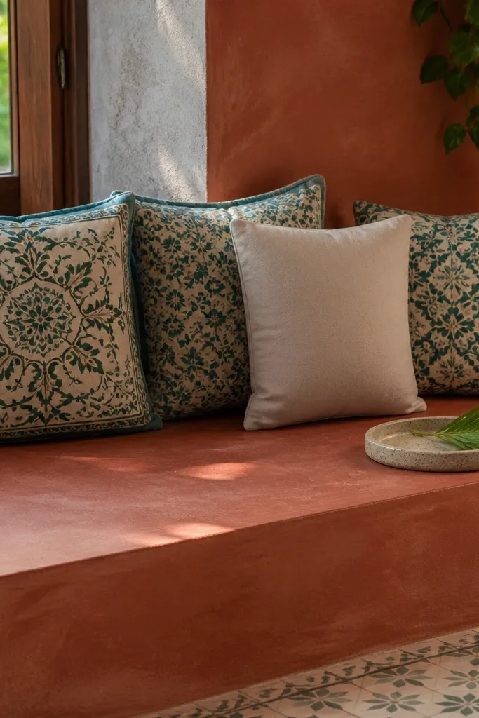 Terracotta bench with teal patterned pillows and a small ceramic tray near a window