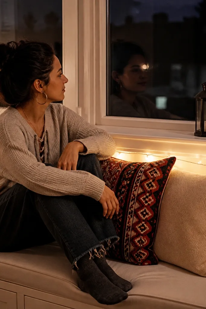 Warm white string lights around a window seat with red-black patterned pillows and a small lantern decor