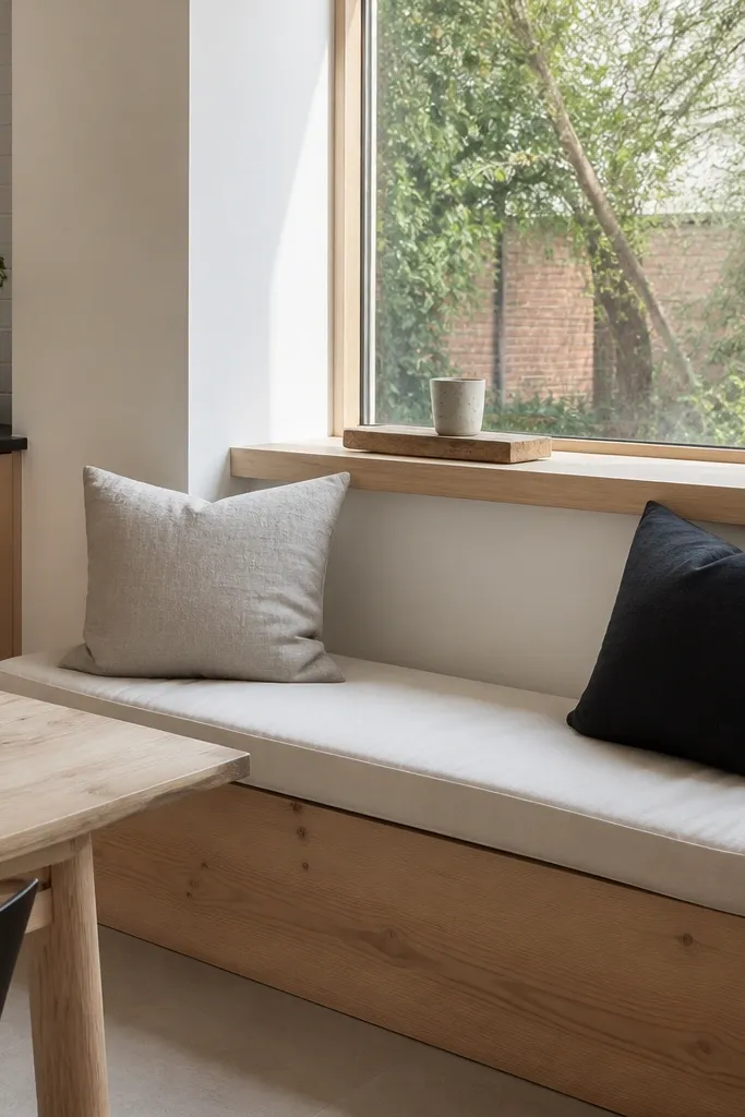 Natural wood bench with light linen cushions and two minimal black accent pillows by a kitchen window