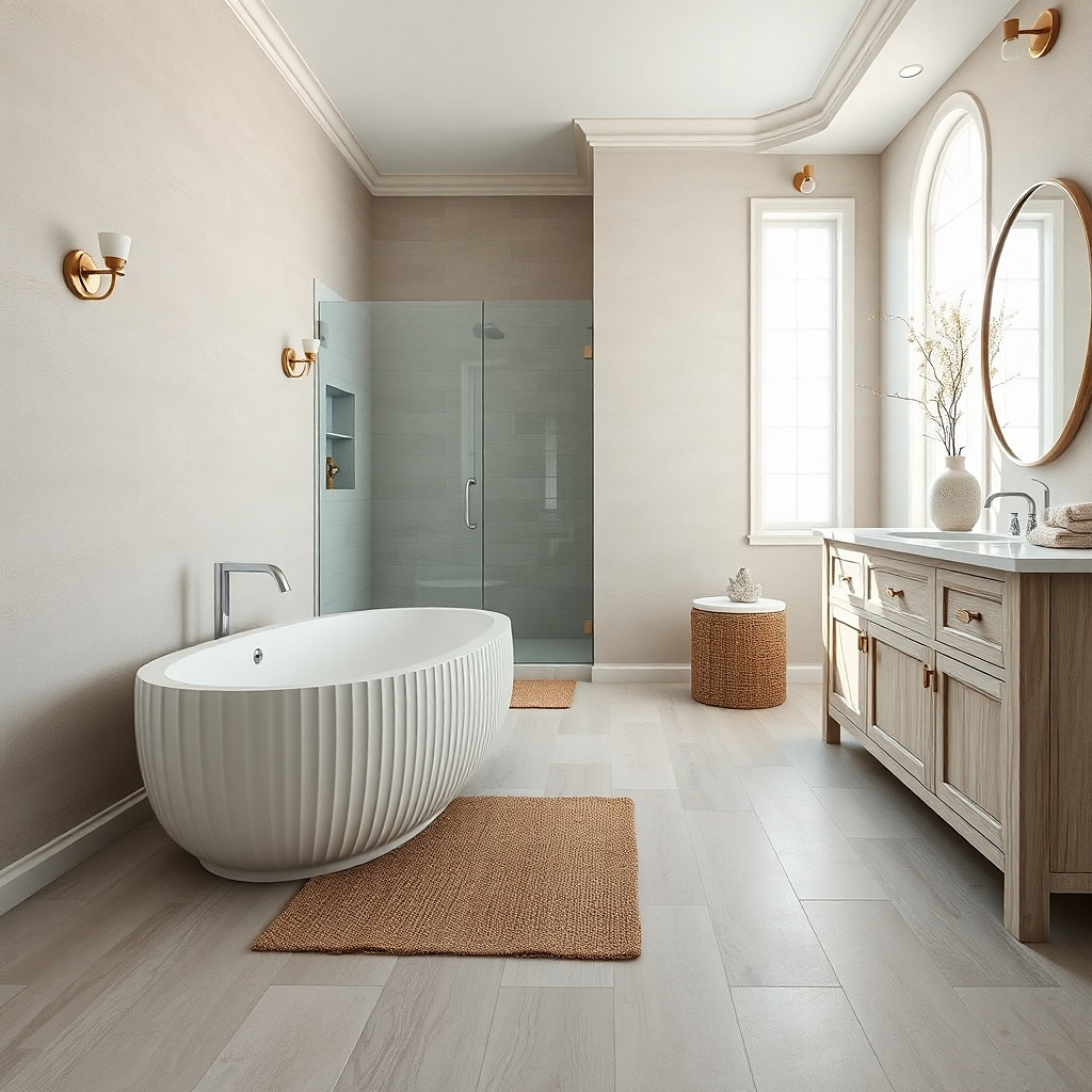 Light stone beige bathroom with pebble-texture floor tile and white walls