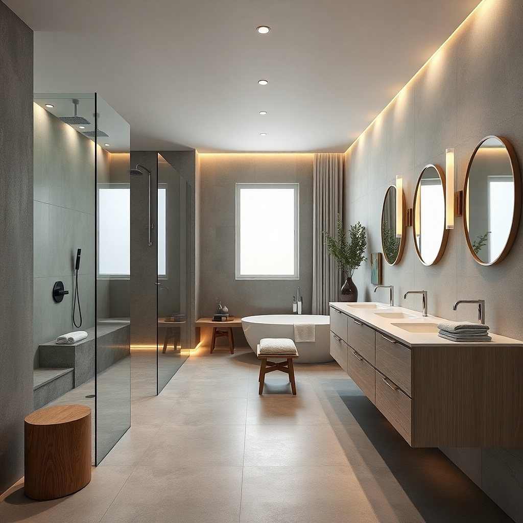 Deep charcoal slate-look shower tile with warm lighting and light grout