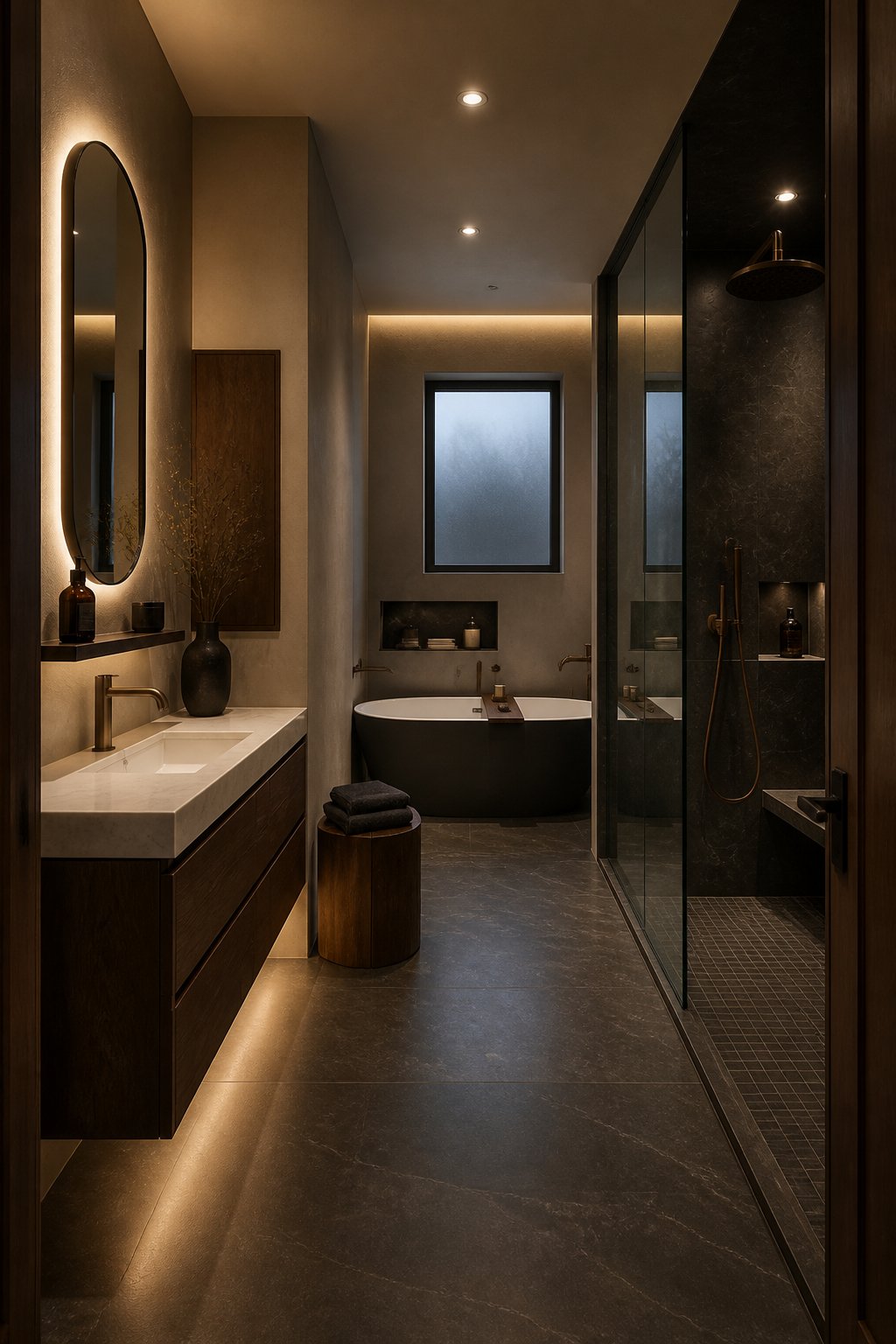 Warm light wood vanity and a simple white tiled shower with a niche
