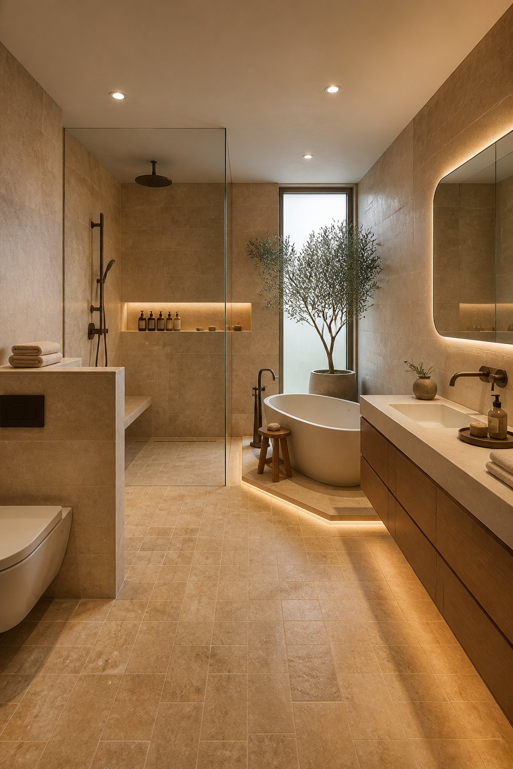 Travertine-look shower walls with a simple linear drain and light beige floor