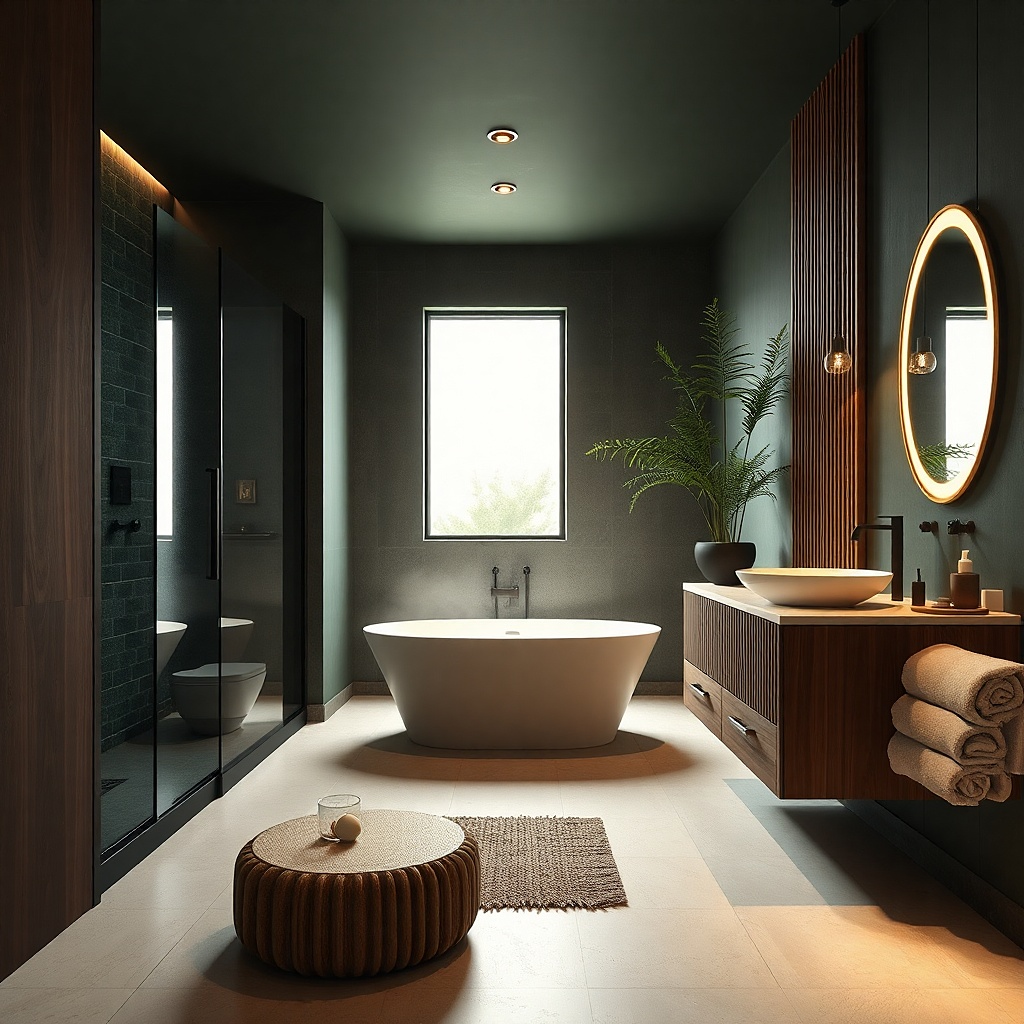 Matte taupe shower tiles with matching vanity and simple black-framed mirror