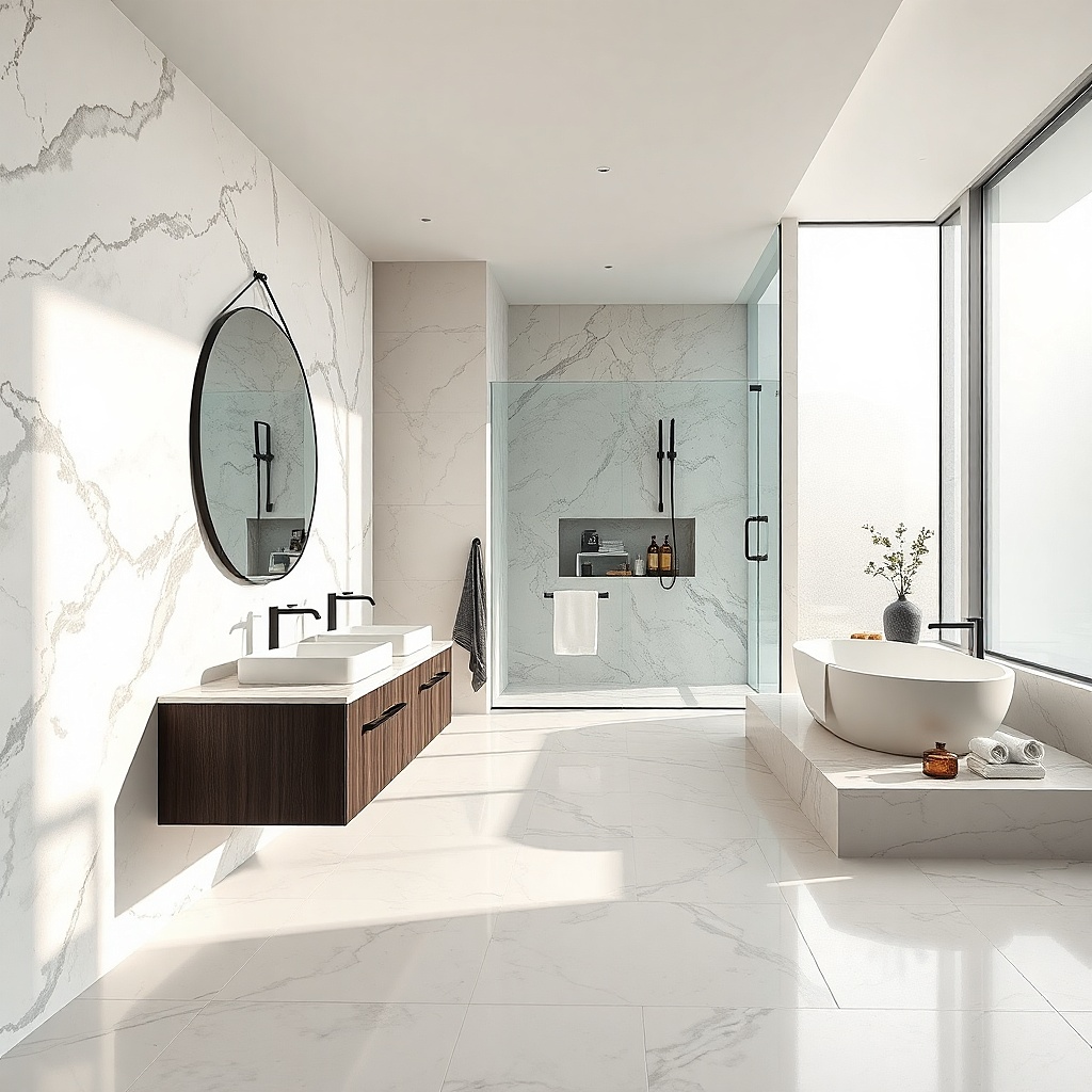 Marble-look white shower tile with black shower fixtures and a round mirror