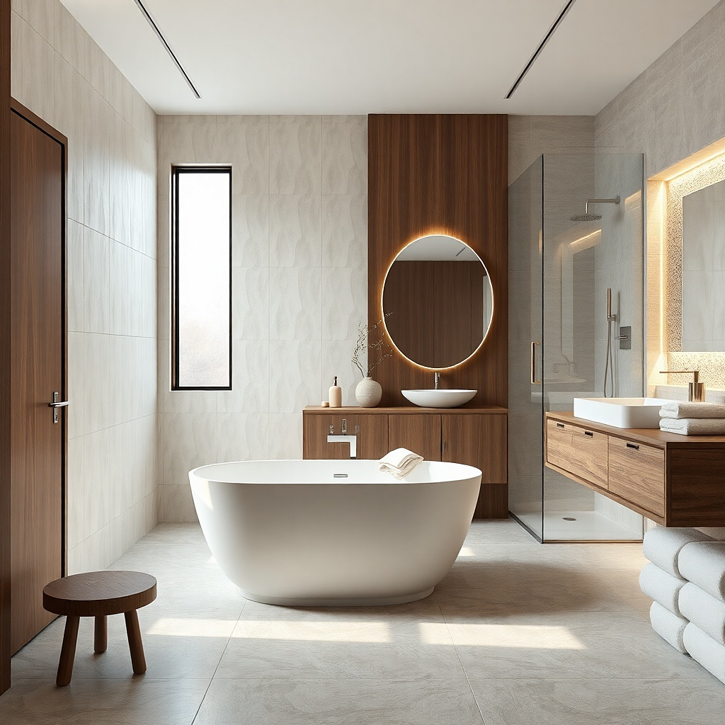 Soft white textured shower tile with a backlit niche shelf