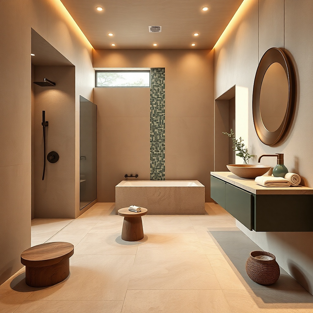 Sandstone beige shower walls and large beige floor tile with warm white walls
