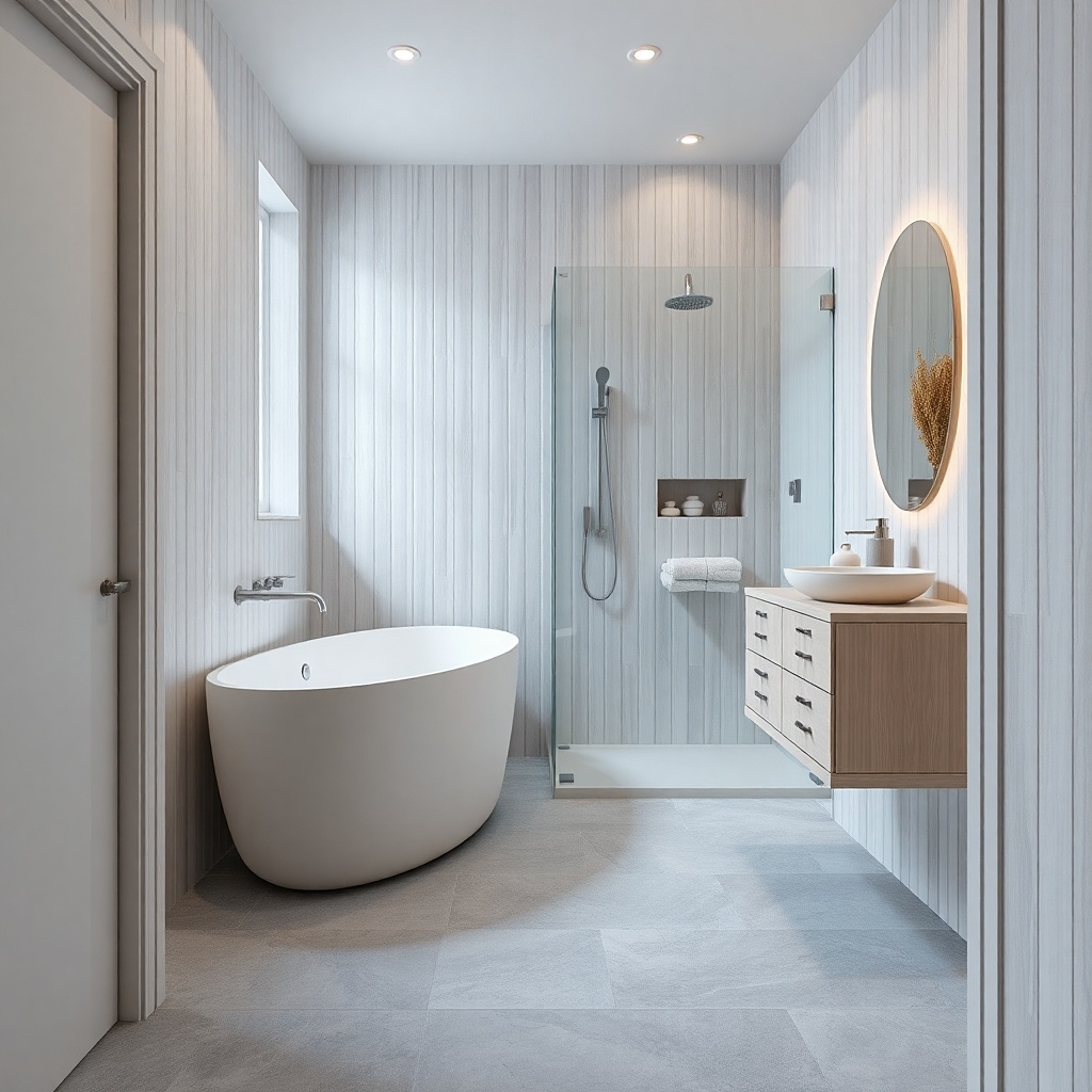 Linen white shower tile with soft gray grout and a light gray vanity