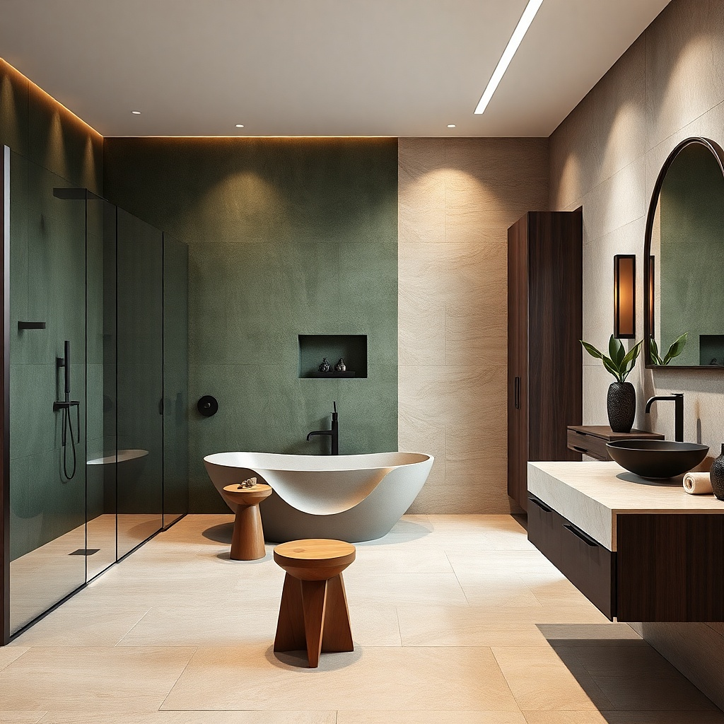 Moss green accent wall tiles with warm limestone floor and brass fixtures