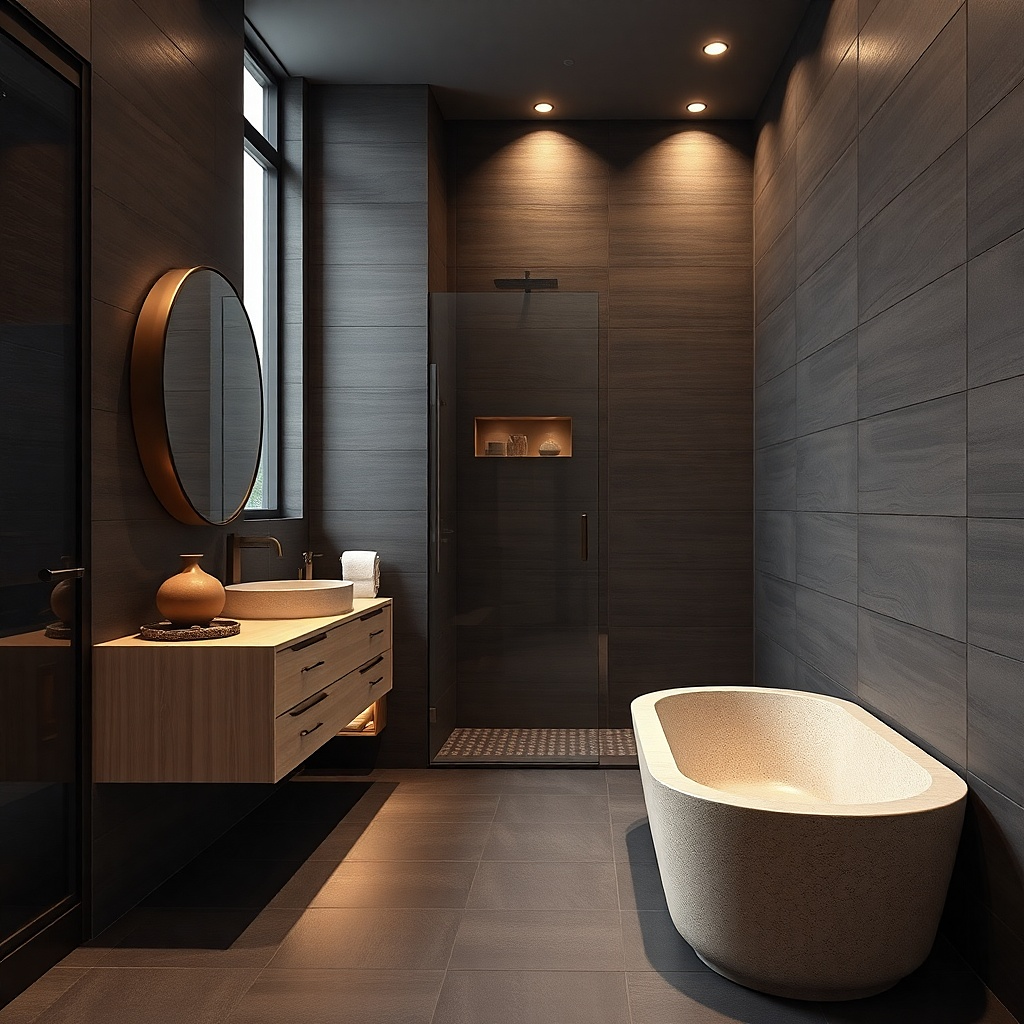 Espresso-brown shower tile with light wood vanity and a black-framed mirror