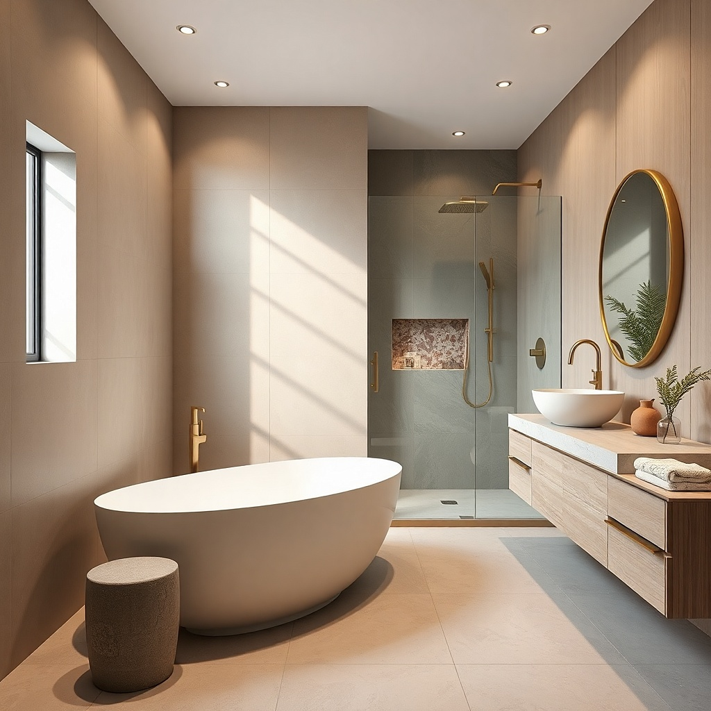 White shower tile with a small terrazzo-pattern border and brushed brass fixtures