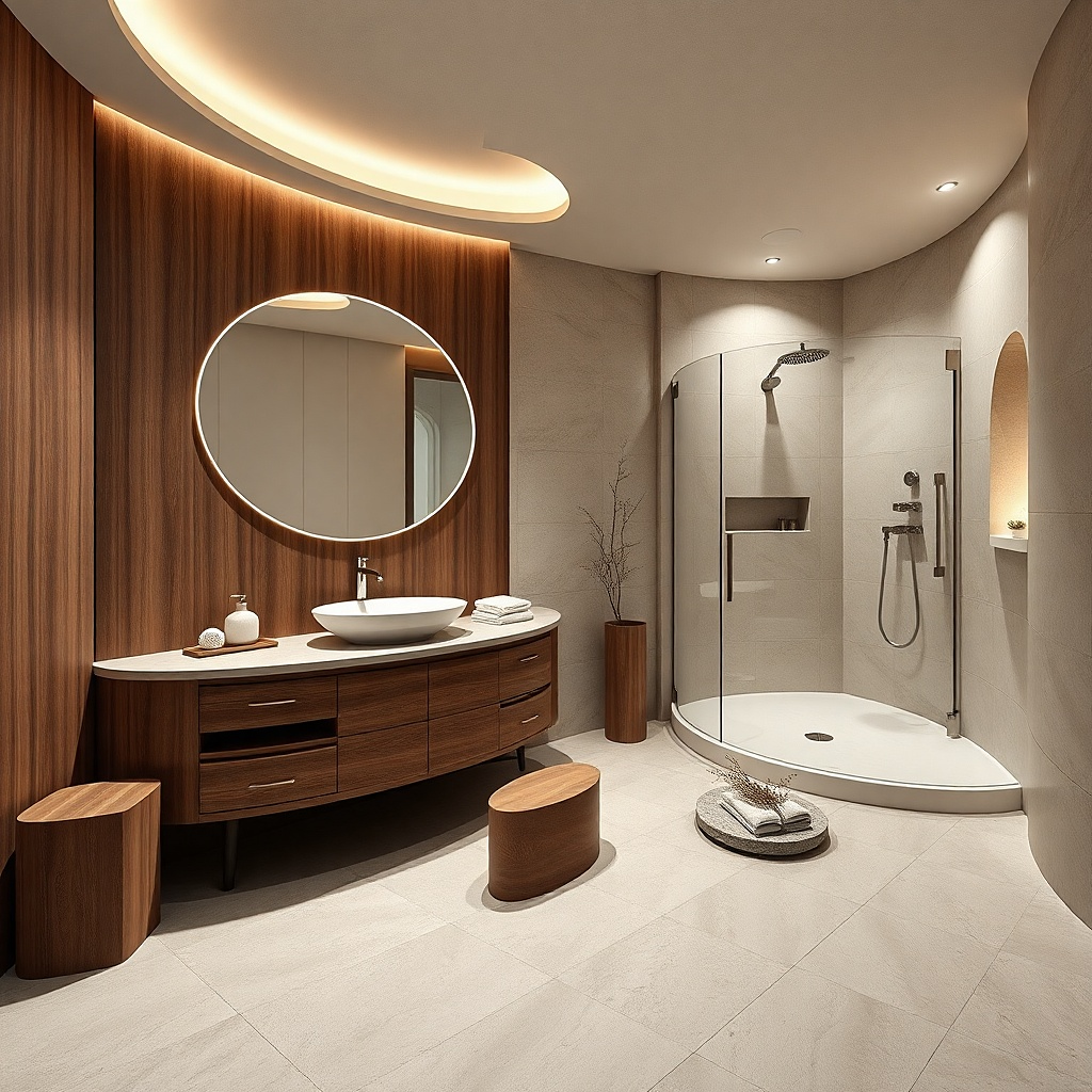 Light gray vanity with rounded edges and a white shower with a curved trim
