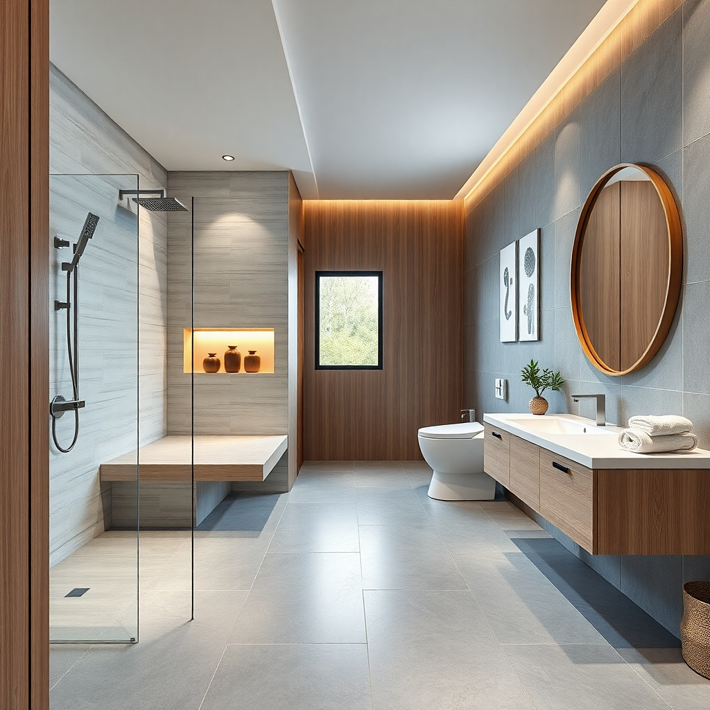 Neutral beige shower walls with a bench area tiled in bamboo-look tile
