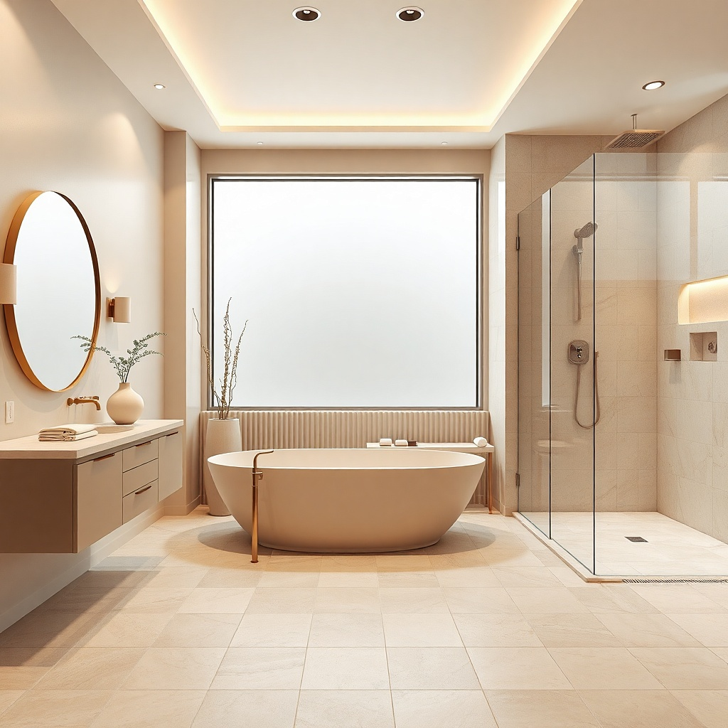 Cream shower tile with soft gold fixtures and a warm beige vanity