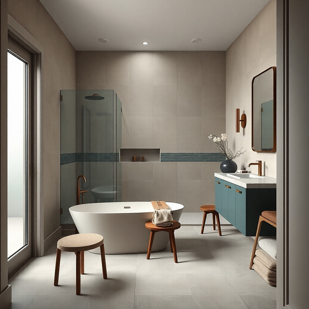 White shower tiles with a narrow patterned geometric band around the niche